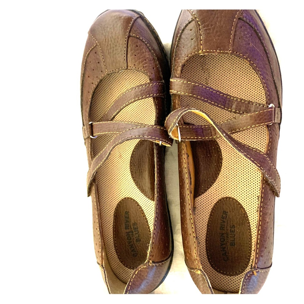 Brown leather, triple strap, casual shoes